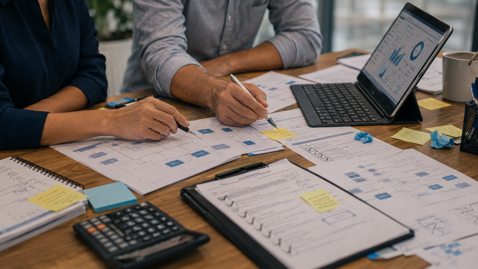 Equipe analisa fluxos e custos para priorizar a automação de processos